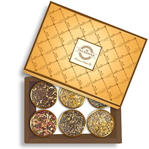 The Tea Heaven | 6 Assorted Teas Gift Box, Set Of 6 Unique Teas | Kashmiri Kahwa | Saffron Masala Chai | Lemongrass Green Tea | Mint Green Tea | Turmeric Herbal, Loose Leaves, 516 Gm