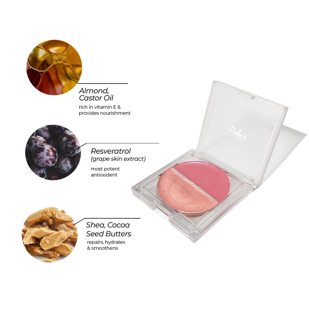 Ruby's Organics Cream Blush for Cheeks & Highlighter Duo Palette- Blusher for Face Makeup, Lightweight Flawless All Day Glow, All Skin Types, Natural &Paraben Free (Poppy Pink + Illuminate) 9g