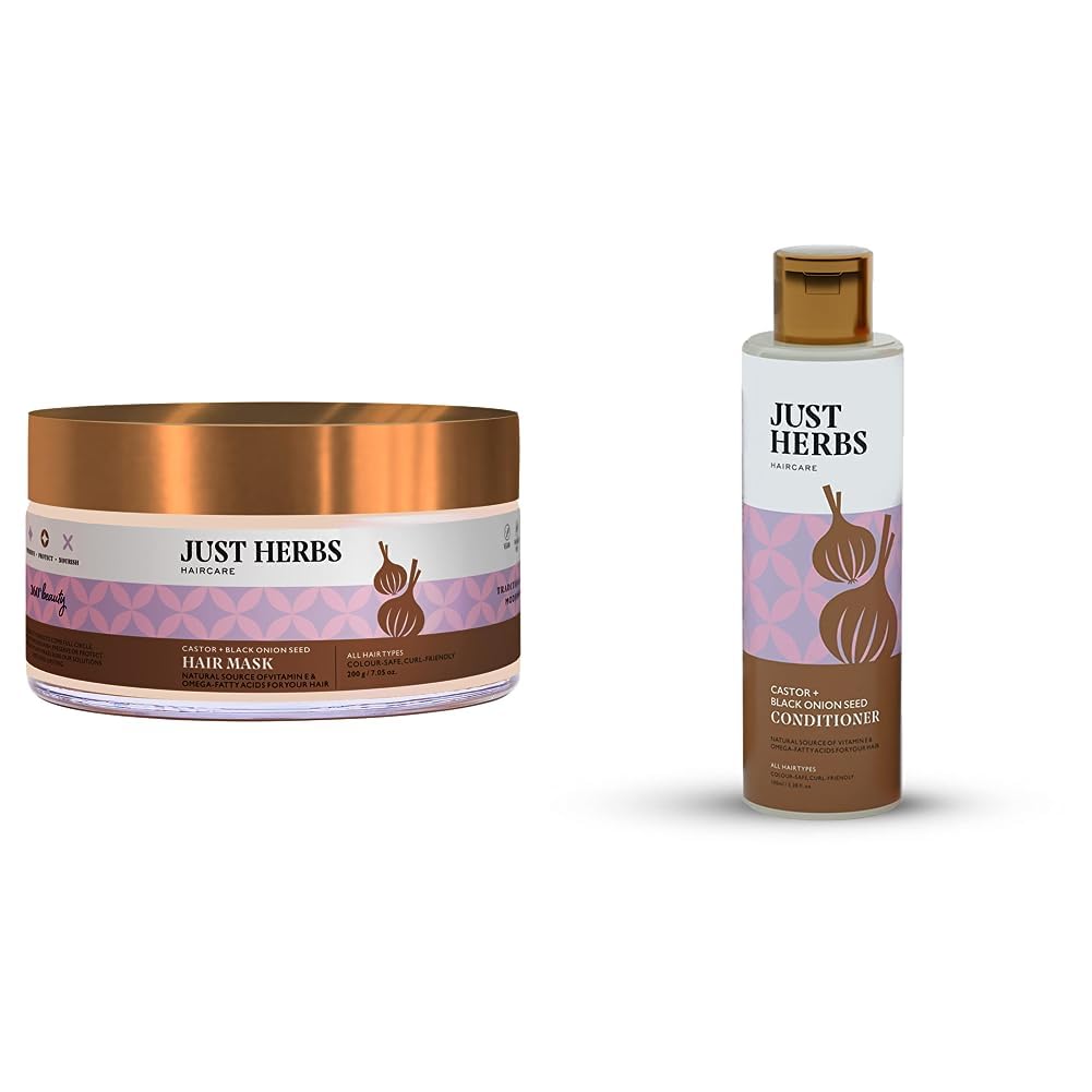 Just Herbs Anti Hairfall Natural Hair Mask With Castor & Black Onion Seed- 200Gm & Castor Conditioner For Damaged Hair With Onion Black Seed Oil & Bhringraj For Hair Growth-100 Ml Combo, 1 Count