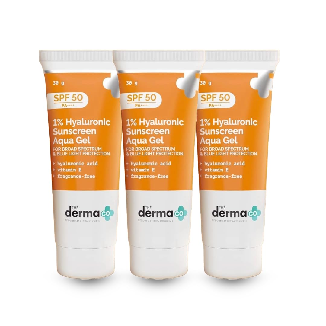 The Derma Co 1% Hyaluronic Sunscreen SPF 50 Aqua Gel, PA++++, Lightweight, No white-cast for Broad Spectrum & Blue Light Protection for Oily, Dry, Acne-prone Skin - 30g (Pack of 3)