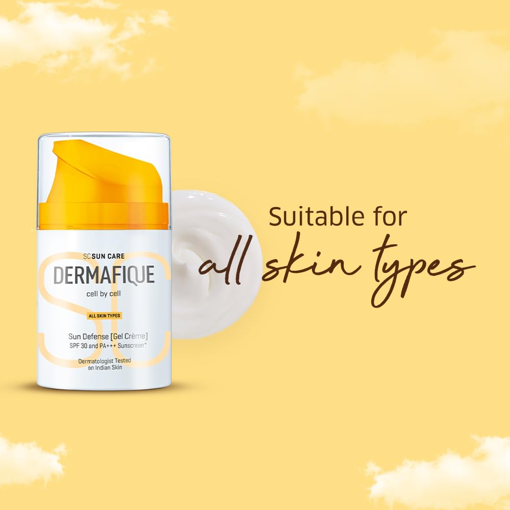 Dermafique Sun Defense Gel Crème, SPF 30, PA +++ Sunscreen 50g, All Skin Types, 360° Sun Spectrum Protection, Prevents Tanning, Pigmentation & Photoaging, UVA,UVB, IR & Visible Light Protection, Dermatologist Tested on Indian Skin, for Men & Women
