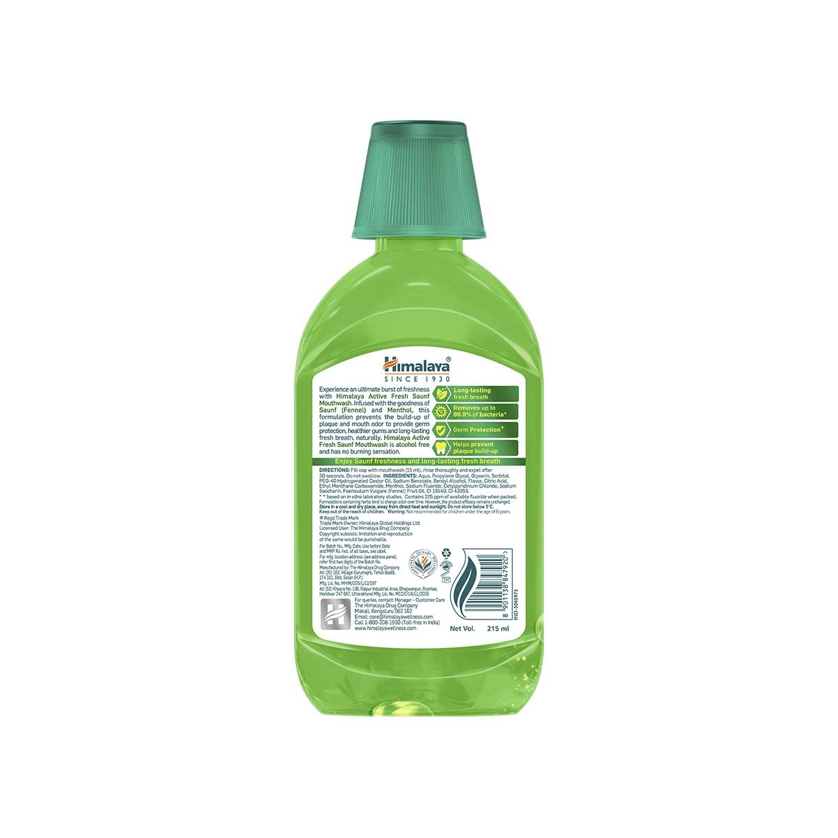 Himalaya Active Fresh Saunf Mouthwash 215ml -No Alcohol- Removes 99.9% Germs,12hr Germ Protection