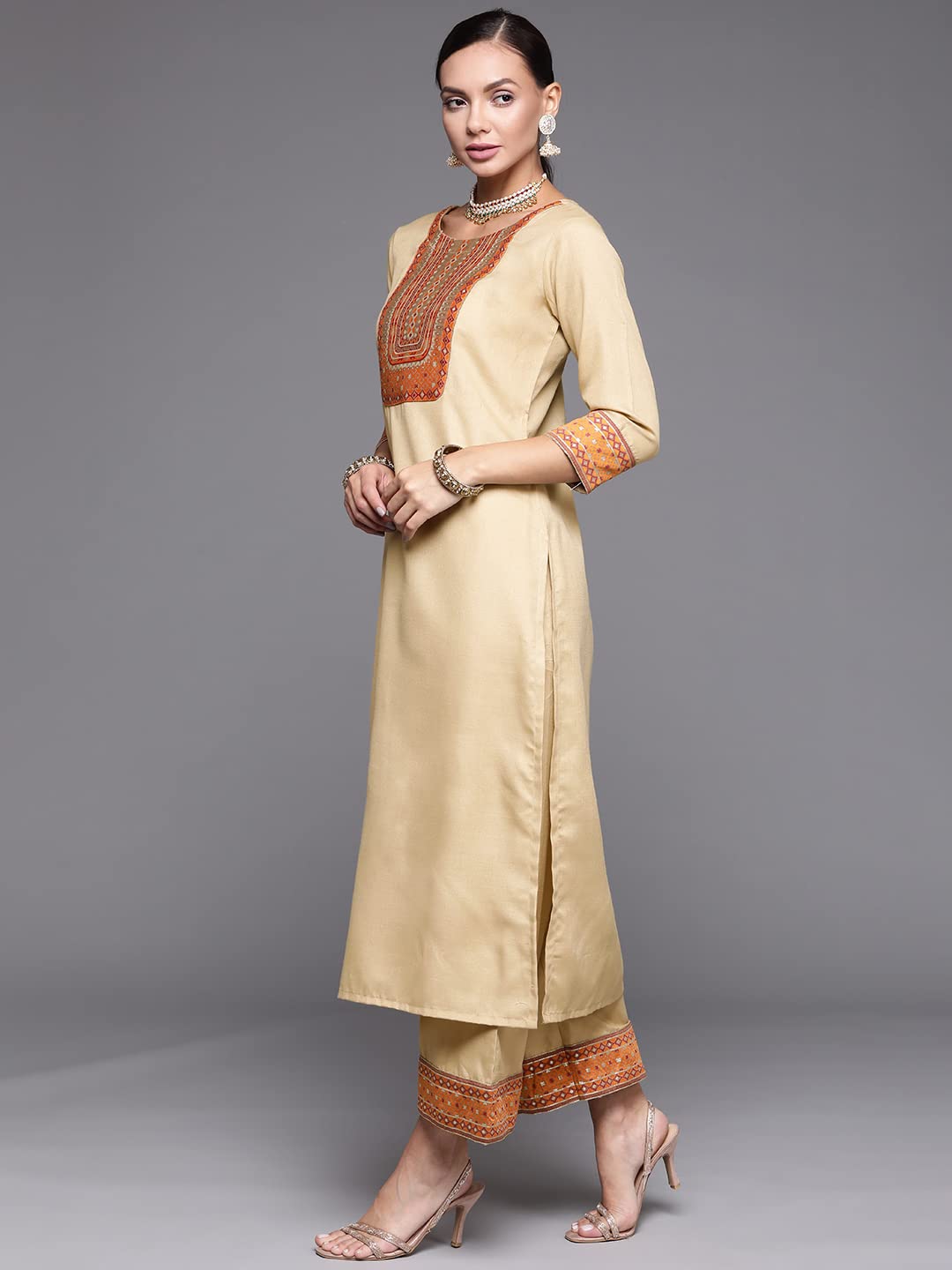 INDO ERA Women's  Solid Cotton Blend Straight Kurta Palazzo With Dupatta Set