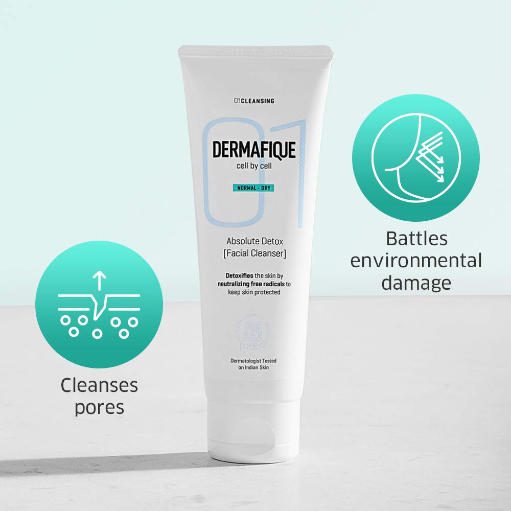 Dermafique Absolute Detox Facial Cleanser – 100ml, with Bio-Active Cellulose Beads, Face Wash Enriched with Vitamin E & Pomegranate Extracts | Soap, Paraben & Alcohol Free | Dermatologist Tested Face Cleanser