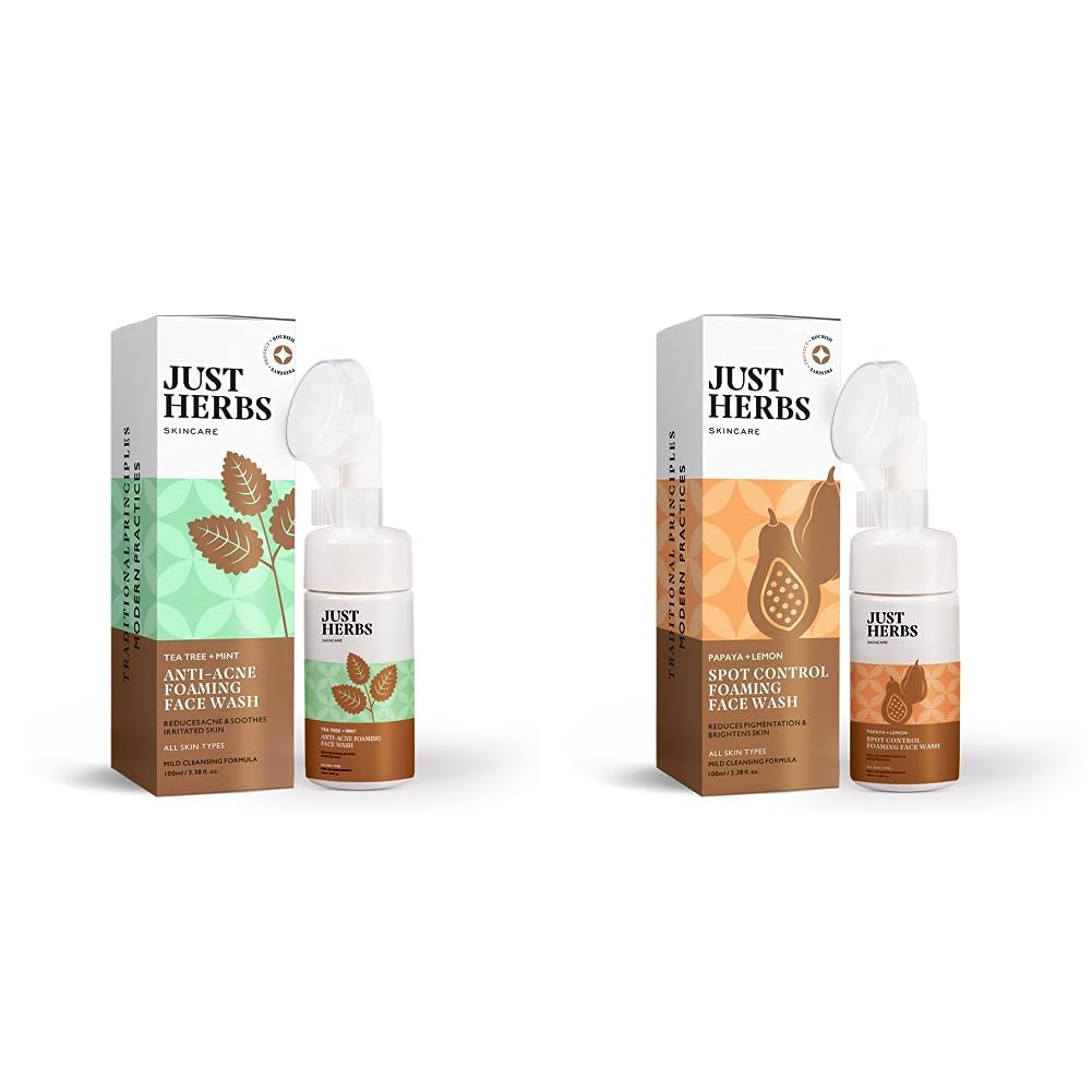Just Herbs Anti Acne Foaming Face Wash Men Women With Tea Tree and Mint for Oil Control, Glowing Skin Brush - 100ml & Just Herbs Brightening Foaming Face Wash- 100ml Combo