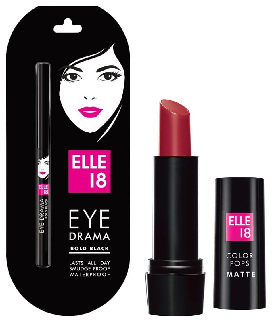 Elle 18 Color Pop Matte Finish Lip Color, R33, Code Red, 4.3G & Eye Drama Kajal, Super Black, Smudgeproof & Waterproof, 0.35G