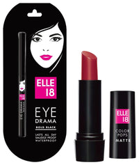 Elle 18 Color Pop Matte Finish Lip Color, R33, Code Red, 4.3G & Eye Drama Kajal, Super Black, Smudgeproof & Waterproof, 0.35G