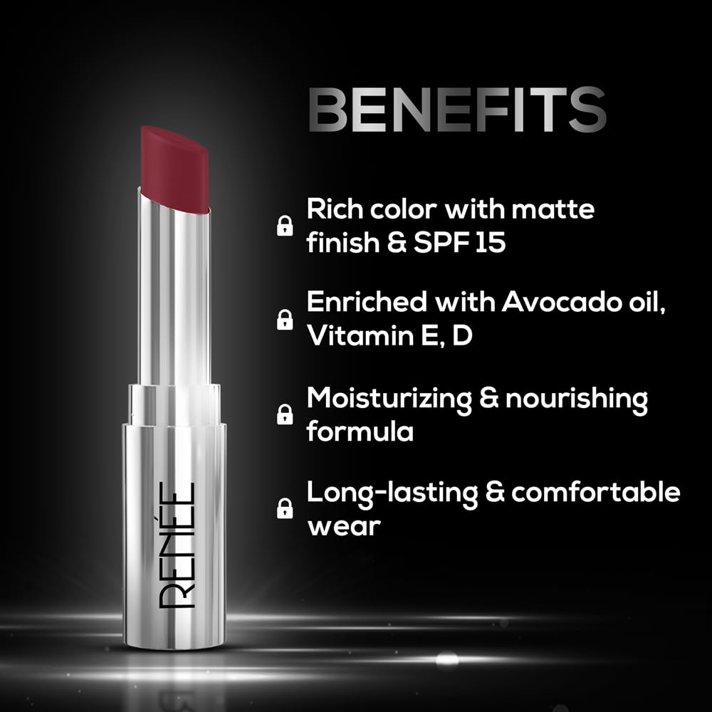 RENEE Matte Lock Lipstick- Folk, Moisturizing, Long Lasting & Weightless Formula, Intense Color Pay Off with Ultra-Matte Finish, Enriched with Avocado oil, Vitamin E, D & Beta-Carotene, 3.5 Gm