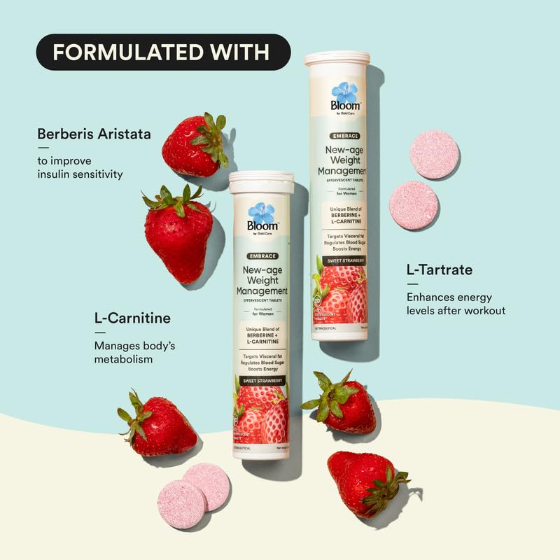 Bloom Berberine + L-Carnitine Effervescent Tablets | 60 Effervescent Tablets (Pack of 4) | Natural Formula for Weight Management | Turns Fat into Active Energy | Strawberry Flavour