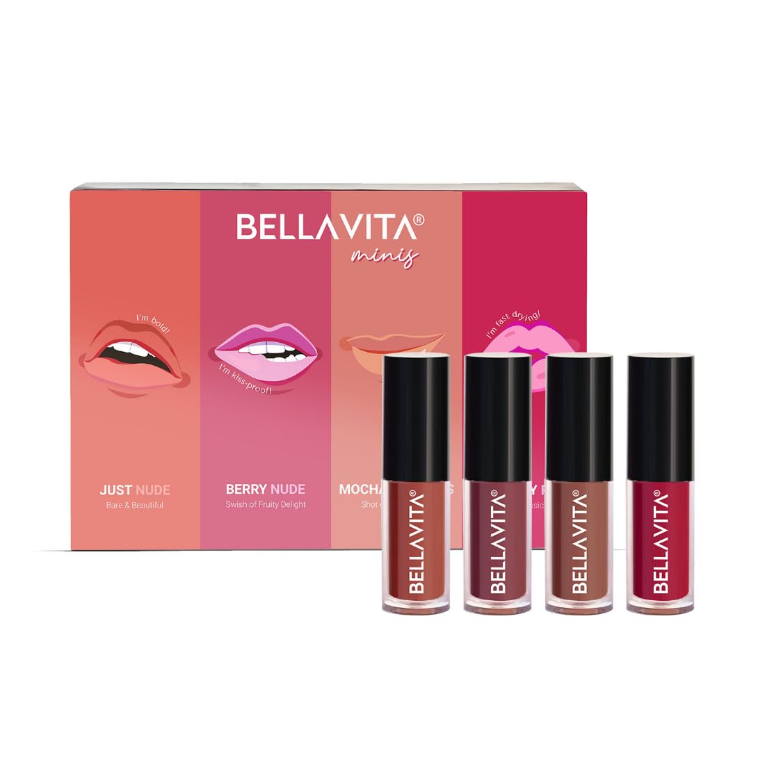 BELLAVITA Mini Kiss Proof Liquid Lipstick Gift Set of 4 x 2ml | Smudge & Transfer-Proof | Intense Moisturisation | Just Nude + Berry Nude + Mocha Madness + Cherry Pop | Lipstick Combo Set