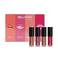 BELLAVITA Mini Kiss Proof Liquid Lipstick Gift Set of 4 x 2ml | Smudge & Transfer-Proof | Intense Moisturisation | Just Nude + Berry Nude + Mocha Madness + Cherry Pop | Lipstick Combo Set