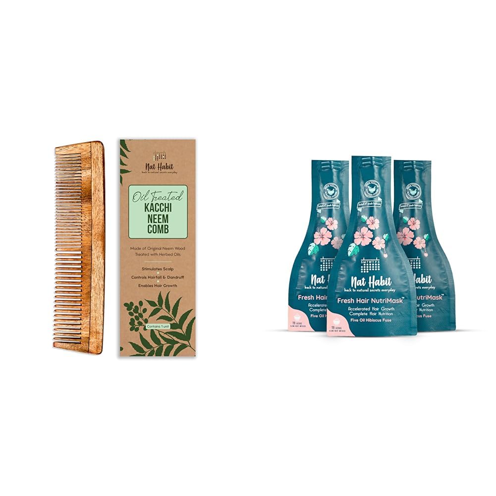 Nat Habit Kacchi Neem Wooden Comb - Soaked In 17 Herbs For All Hair Types (Dual Tooth) and Nat Habit Five Oil Hibiscus NutriMask-Hair Mask for All Hair & Scalp Types (Pack of 3 x 40 gm)