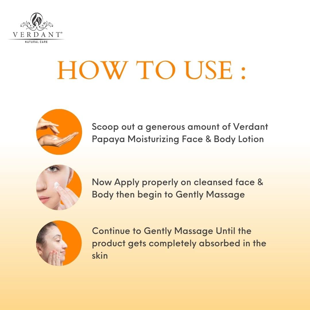 Verdant Natural Care Advanced and Deep Hydration, Moisture, Nourishing & Skin Brightening Papaya Body Lotion with SPF 20 and Papaya Extract - No Parabens, Sulphates - 200 ml
