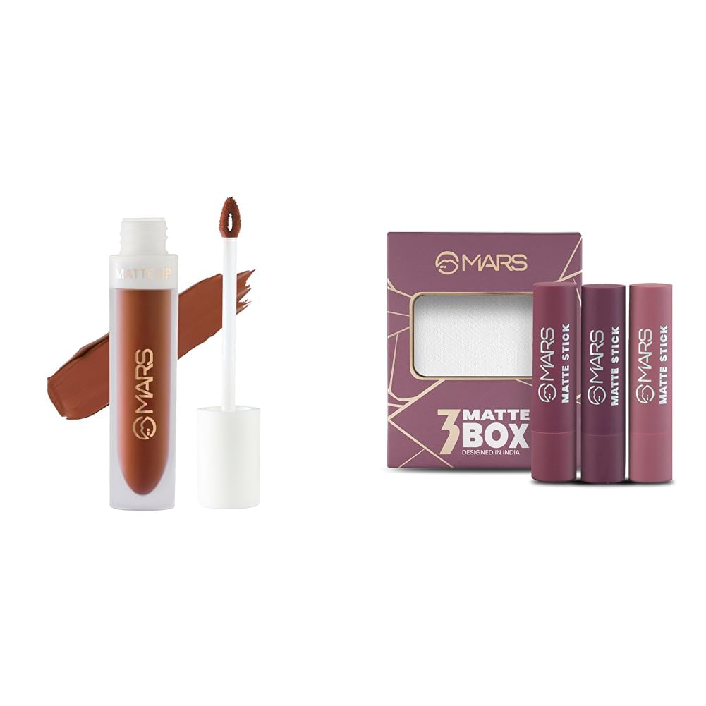 MARS Matte Liquid Lip Color | Long Lasting | Non-Transfer & Waterproof Lipstick for Women (4.5 ml) (05-Chocolate Delight) Matte Box Set of 3 Lipsticks for Women |(3x3.2 gm) (03-Plum)