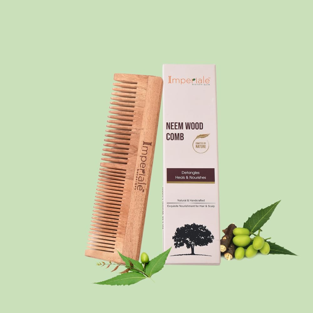 Imperiale Botanique Handmade Neem Wooden Double Teeth Hair Comb for Women & Men | Comb for Hair Growth Hairfall & Dandruff and Frizz Control | All Hair Types Pack of 1