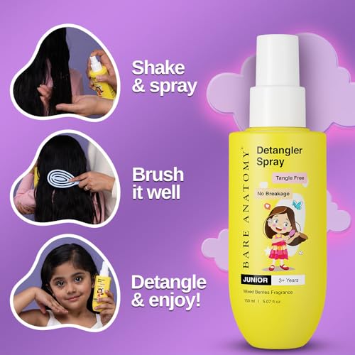 Bare Anatomy Junior Detangler Hair Spray | For 3+ Year Old Kids | Strengthens & Detangles | Tear Free, Creamy & Non Greasy | Adds Shine | Aloe Vera & Coconut Milk Protein | 150mL