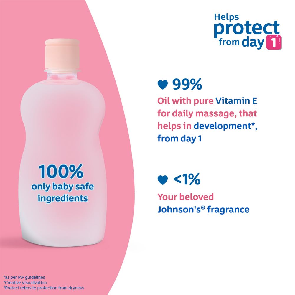 Johnson's Baby Oil with Vitamin E, Non-Sticky for easy spread and massage, 200ml