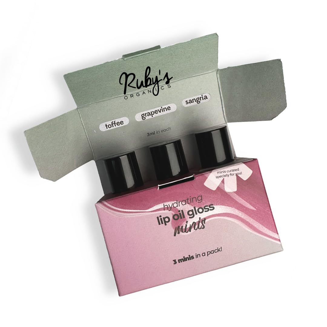 Ruby's Organics Lip Beauty Gift Kit- Lip Oil Glossy Minis Sunset, Moisturizing, Long Lasting, Non Sticky & Non Drying, Natural Lip Makeup, Paraben Free - Sangria, Grapevine and Toffee Shades