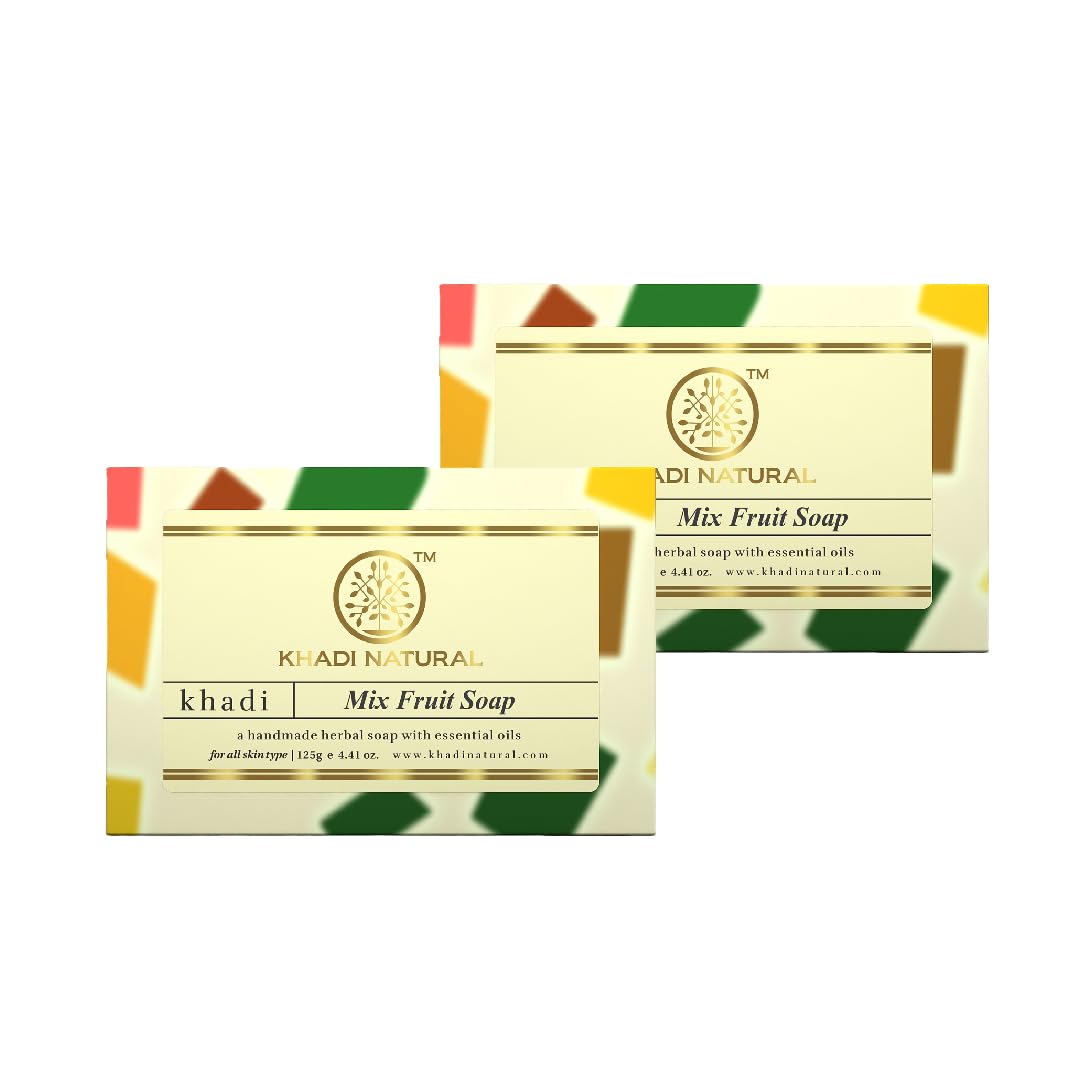 Khadi Natural Mix Fruit Soap, 125g|Herbal Bathing Soap for Glowing Skin | Natural Soap with Essential Oils | Deeply moisturizes skin | Suitable for All Skin Types|Pack of 2