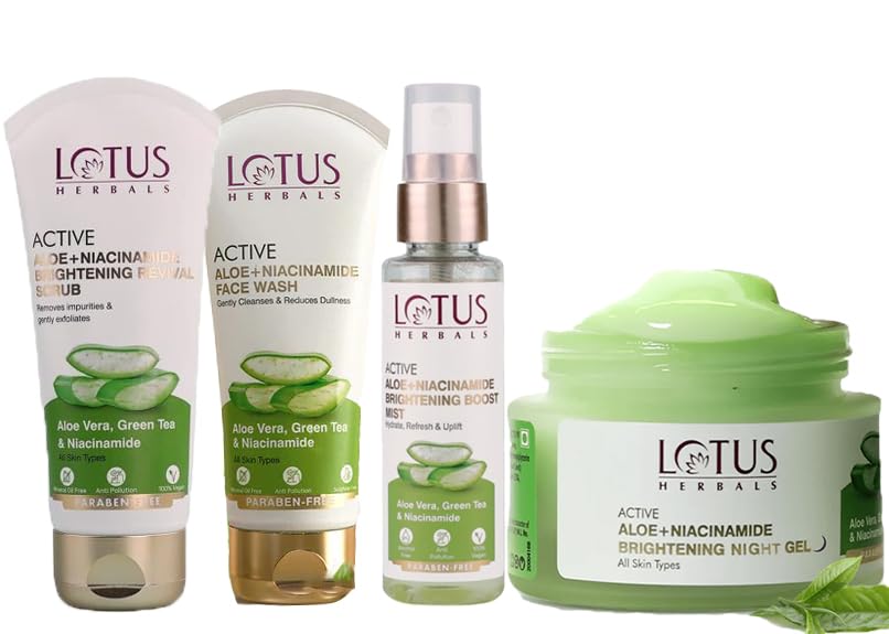 Lotus Herbals Active Aloe + Niacinamide Brightening Boost Mist 50g, Night Gel 50g Face Wash 100g, Scrub 100g Set of 4