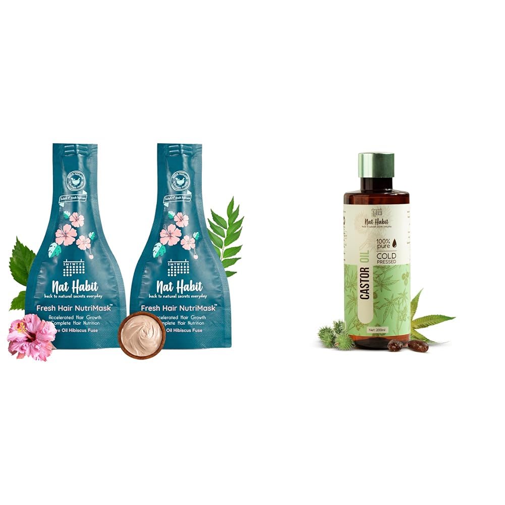 Nat Habit Five Oil Hibiscus Nutrimask-Hair Mask For All Hair & Scalp Types (Pack Of 2 X 40 Gm) And Cold Pressed 100% Pure Castor (Arandi) Oil For Skin & Hair - 200 Millilitres
