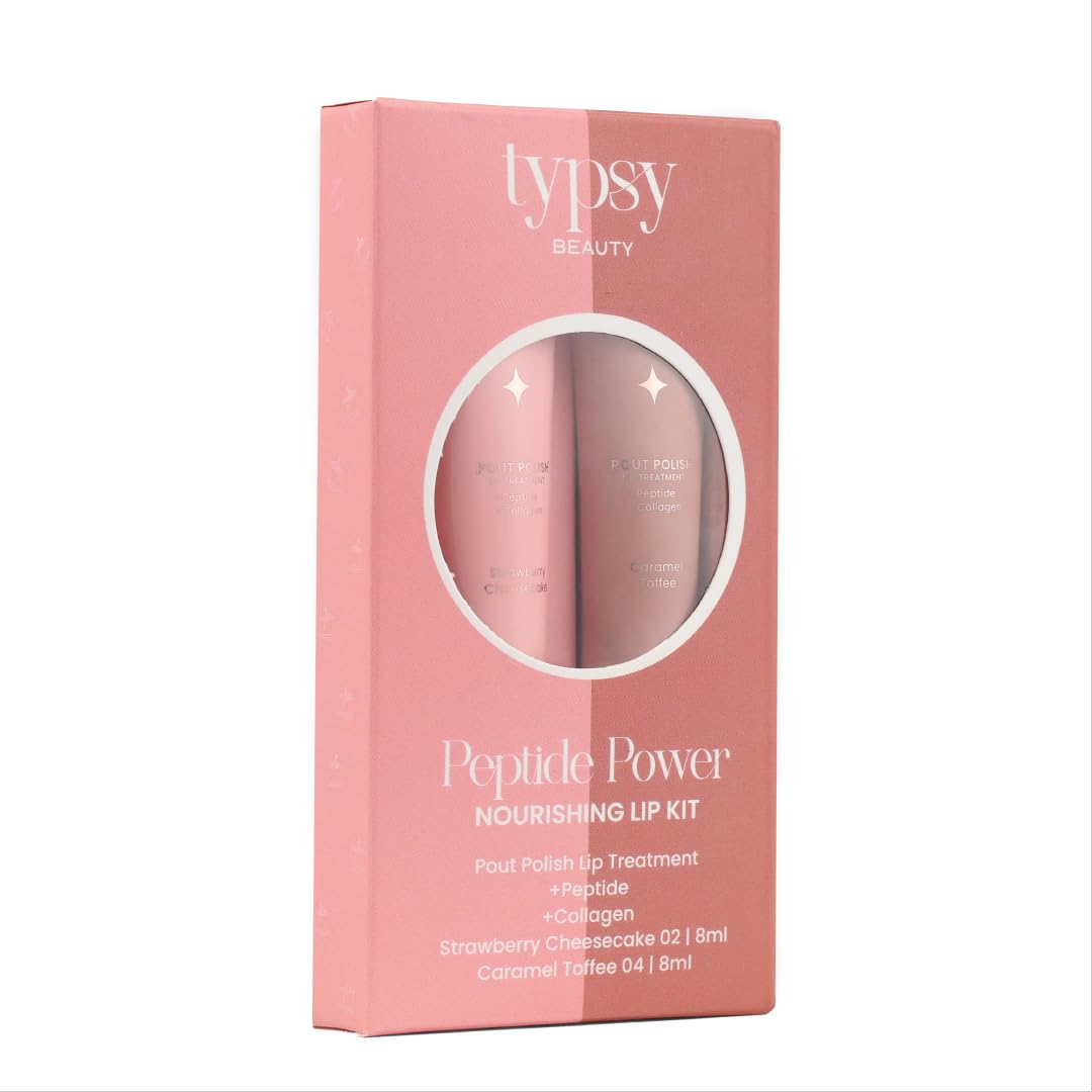 Typsy Beauty Pout & Polish Lip Balm Kit | Hydrating with Peptides & Collagen | Deep Moisture with Cooling Metal Applicator | Strawberry Cheesecake & Caramel Toffee Lip balm | 8ml