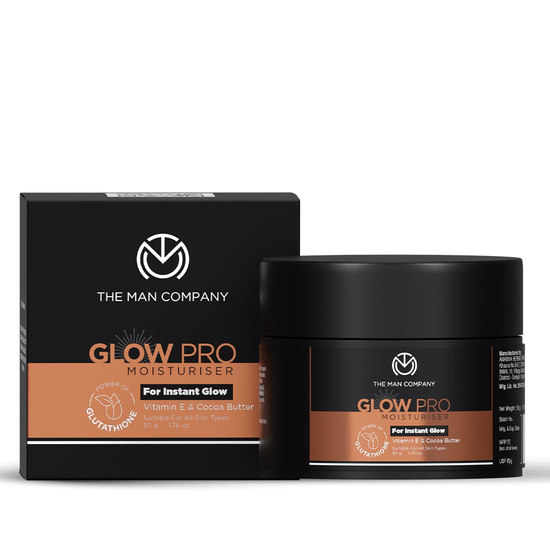 The Man Company Glow Pro Non-Sticky Daily Moisturizer for Face | Moisturizes, Hydrates with Glutathione, Vitamin E & Cocoa Butter | Face Moisturizer Cream for Men - 50 gm