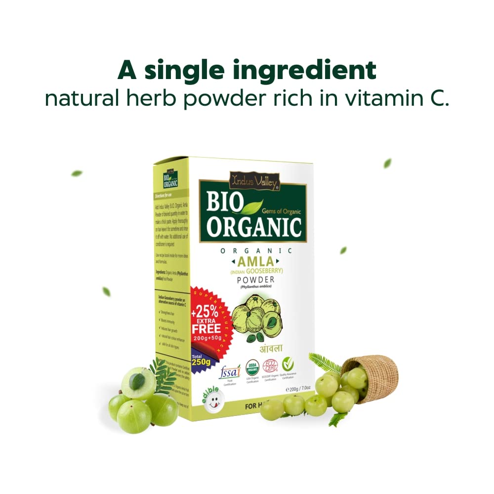 INDUS VALLEY 100% Bio Organic Amla Powder | Indian Gooseberry Powder | Phyllanthus emblica | Natural and Fresh For Healthy Hair - (200gm+50gm)
