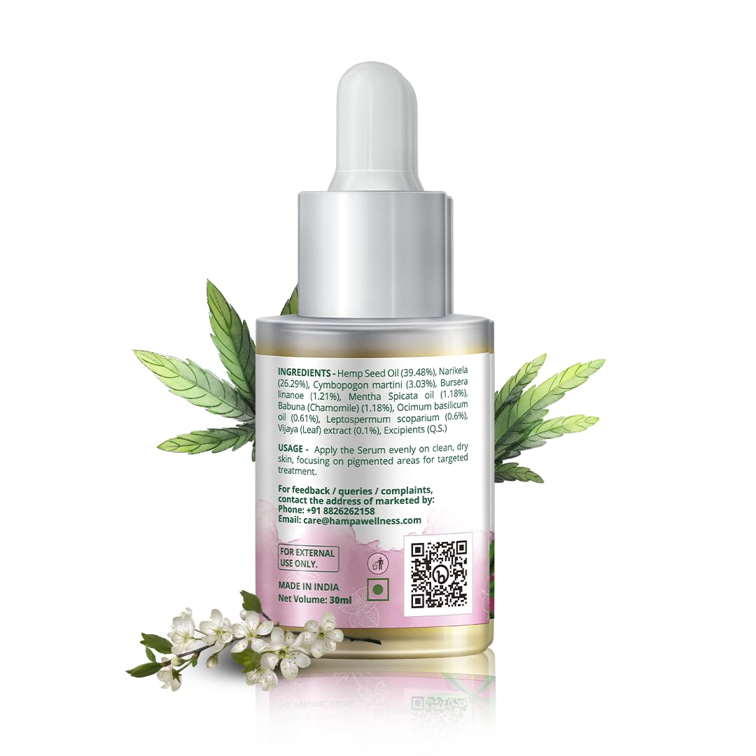 Hampa Hemp Pigment Balance Serum, for Pigmentation & Dark Spots, Nourishment for Radiant, Clear, Glowing Skin, Enriched with Hemp, Basil, Manuka. 100% Natural and ayurvedic, 30ml