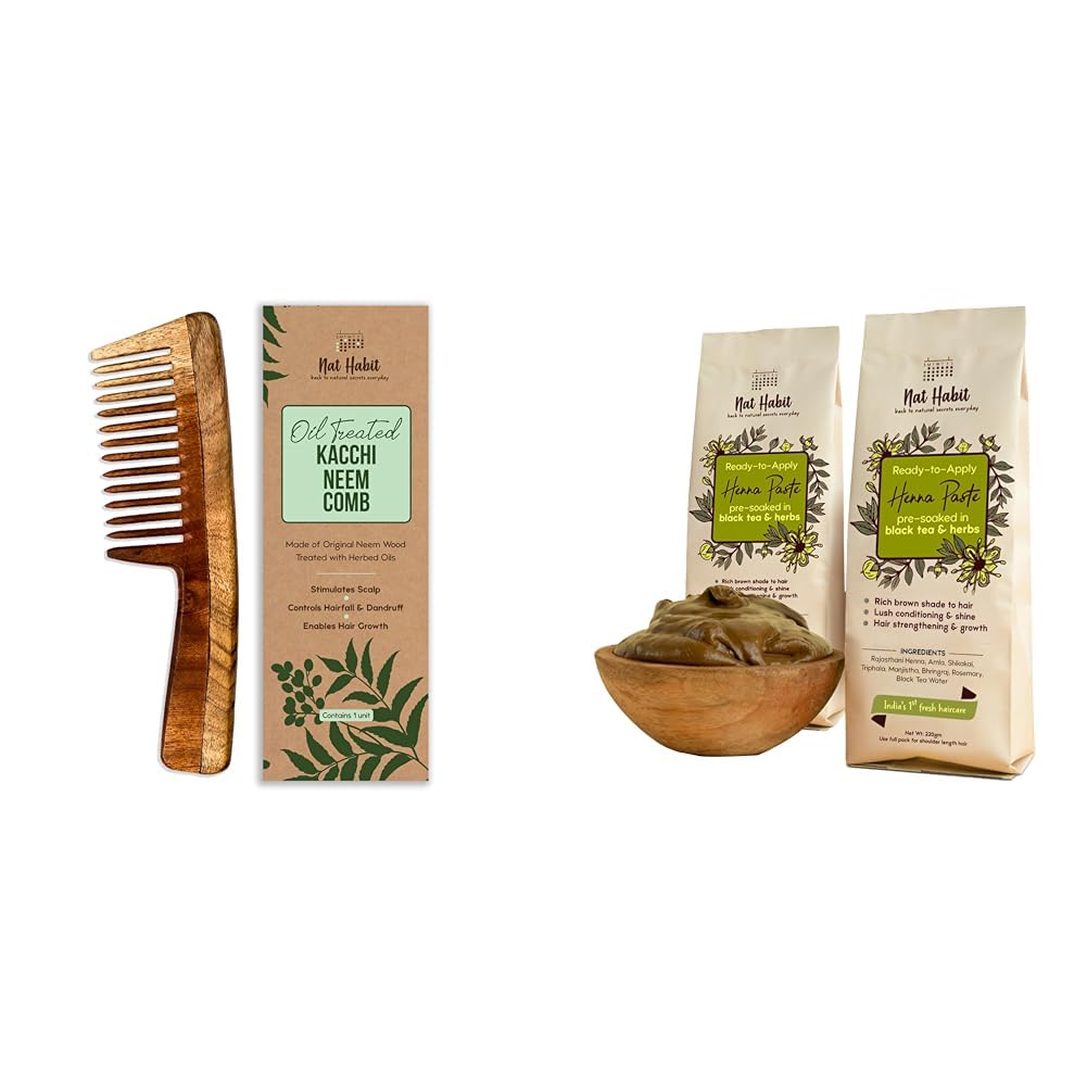 Nat Habit Wide Tooth Wooden Kacchi Neem Comb & Henna Paste Soaked in BlackTea and Herbs For Hair Growth, Hairfall Control & Hair Smoothening (Combo Pack of 3)