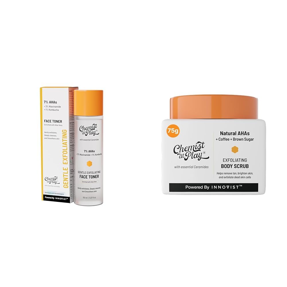 Chemist At Play Glycolic Acid Face Toner for Gentle Exfoliation & Skin Hydration| 150ml + Exfoliating Body Scrub For Removing Tan & Dead Skin Cells For Men & Women | 75g