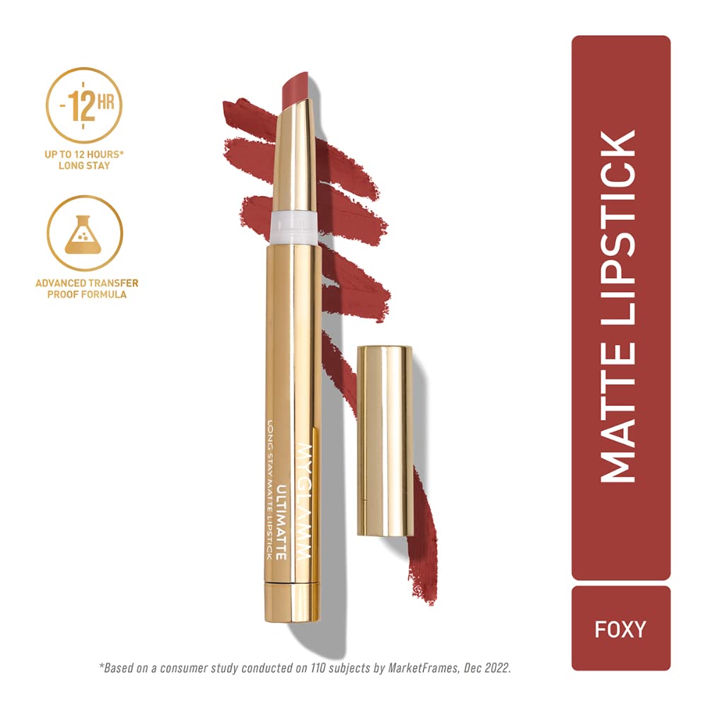MyGlamm Ultimatte Long Stay Matte Lipstick - Foxy (Pink) | Long Lasting Lipsticks for Women With 12hr Stay | Transfer Proof | Rich Colour | Moisturising, Lightweight Formula | 1.3g