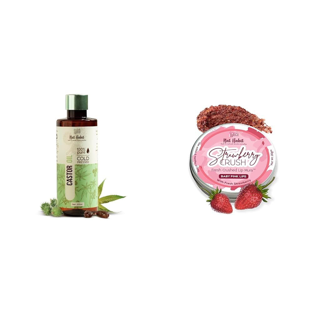 Nat Habit Cold Pressed Oil Combo Castor Oil 200 ml and Strawberry Crush Lip Mura - Lip Scrub 20g For Hair Fall & Hair Growth, Pink & Soft Lips, Chemical & Preservatives Free
