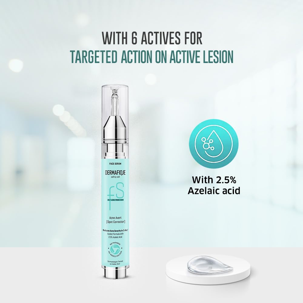 Dermafique Acne Avert Spot Corrector Face Serum with 2.5% Azelaic Acid, 15 ml, Serum for Oily - Acne Prone Skin, Dermatologist Tested on Indian Skin, Reduces Acne Severity in One Day*, For Women & Men