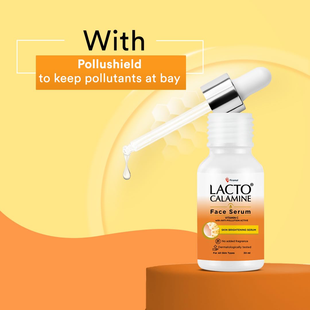 Lacto Calamine Vitamin C Face Serum with 98% Pure Vitamin C Complex | 30ml | Glowing Skin with Niacinamide | Vitamin C Serum For Dark Spots Reduction & Moisturization | Pollushield, Vitamin E, B3 & B5