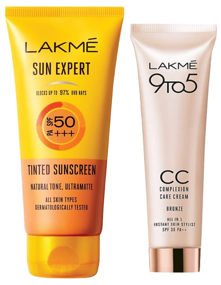 Lakmé Sun Expert Tinted Sunscreen 50 Spf, 100 G & 9 To 5 Cc Cream, 03 - Bronze, Light Face Makeup With Natural Coverage, Spf 30 - Conceal Dark Spots, 30 G - All Skin Type