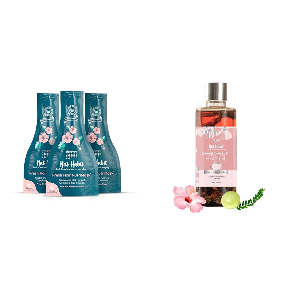 Nat Habit Five Oil Hibiscus Nutrimask-Hair Mask For All Hair & Scalp Types (Pack Of 3 X 40 Gm) And Hibiscus A Millilitresa Summer Hair Oil For Unisex - 100 Millilitres