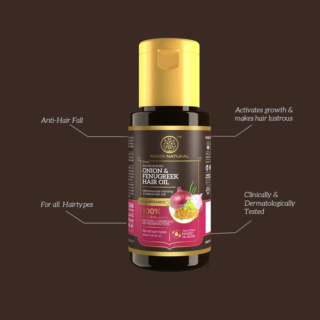 Khadi Natural Onion and Fenugreek Hair Oil: Enriched Blend for Strengthening Follicles. Achieve Thicker, Stronger, and Frizz-Free Hair. Paraben-Free Formula - 30 ml