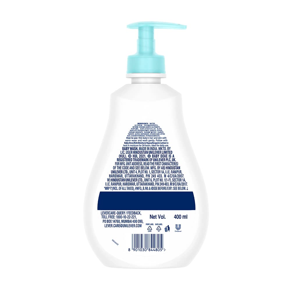 Baby Dove Rich Moisture Hair to Toe Baby Wash 400 ml, No Tears Body Wash for Baby's Soft Skin - Hypoallergenic, No Sulphates, No Parabens
