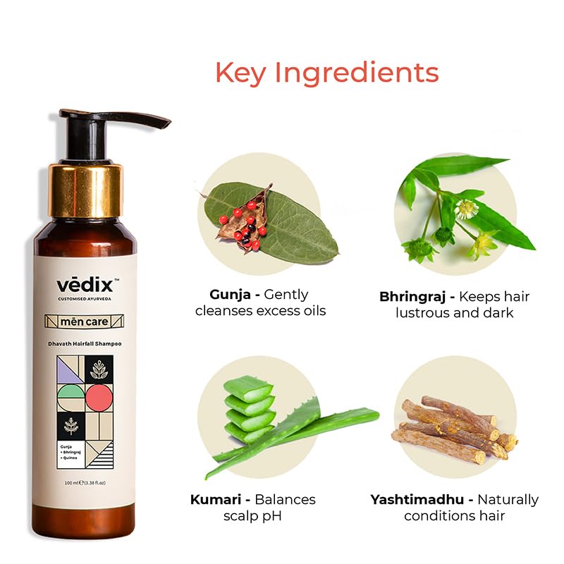 Vedix Ayurvedic Shampoo, Dhavath Deep Conditioning Customized Sulfate Free Men Shampoo with Gunja, Bhringraj & Quinoa, for Normal/Oily Hair - 100 ml