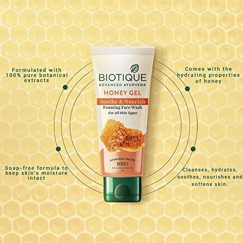 Biotique Honey Gel Soothe & Nourish Foaming Face wash | Soap Free Formula | Reduce Dryness | 100% Botanical Extracts | Suitable for All Skin Types | 150ml