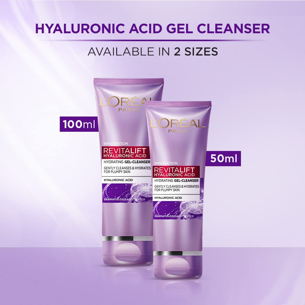 L’Oréal Paris Hydrating Gel Cleanser, Gentle facewash, Cleanses Impurities & Makeup Residue, Revitalift Hyaluronic Acid, Pack of 2, 2x100ml
