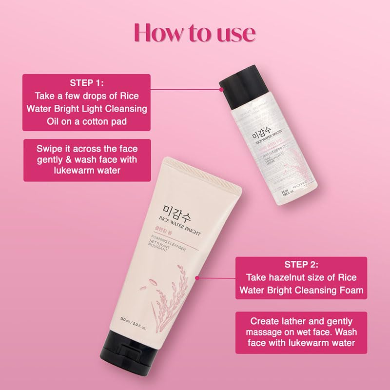 The Face Shop 2 Step Rice Water Bright Kit | Rice Water Bright Foaming Face Wash 100ml + Rice Water Bright Light Cleansing Oil 55ml