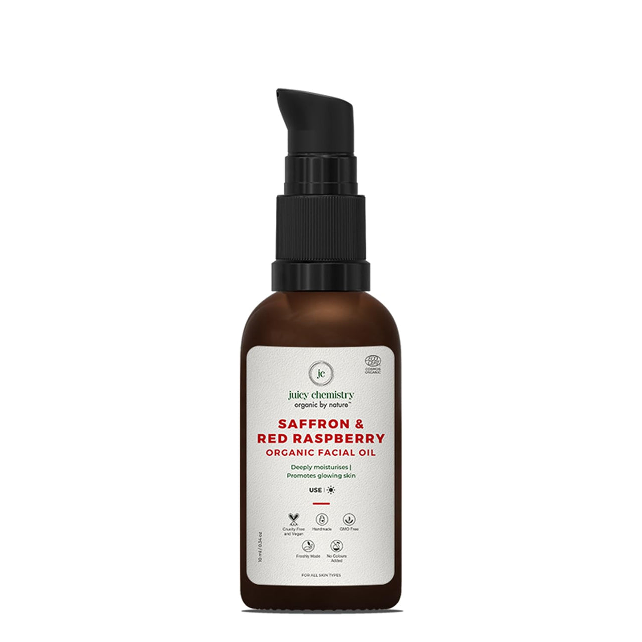 Juicy Chemistry Saffron & Red Raspberry Facial Oil, 10 ml | Organic Face Oil for Skin Brightening & Moisturising | Ecocert Certified for Men & Women | Cruelty-free & 100% Vegan