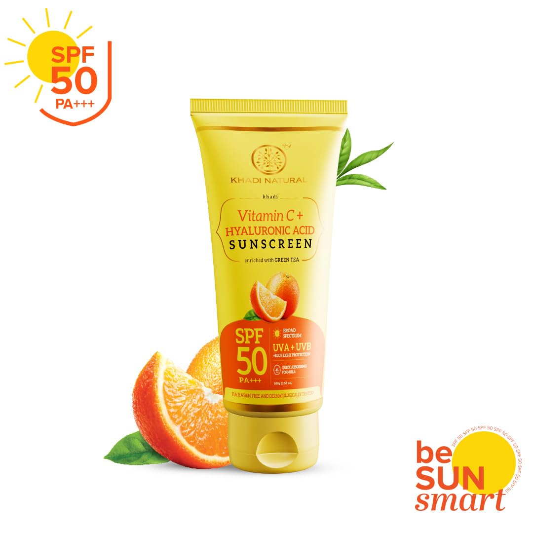 Khadi Natural Vitamin C + Hyaluronic Acid Sunscreen Aqua Gel Spf 50 Pa+++ For All Skin Types | Light Weight Formula | Provides Hydration | Non Sticky | No White Cast | 100Gm, 1 Count