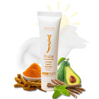 Jivada Luminous Organic Sunscreen with SPF 50+ PA+++ for UV A, UV B | HA, Ceramide, Red Raspberry & Gotu Kola | No White Cast|Carrot & Licorice |All Skin Types | Sulphate & Paraben Free | 100ml