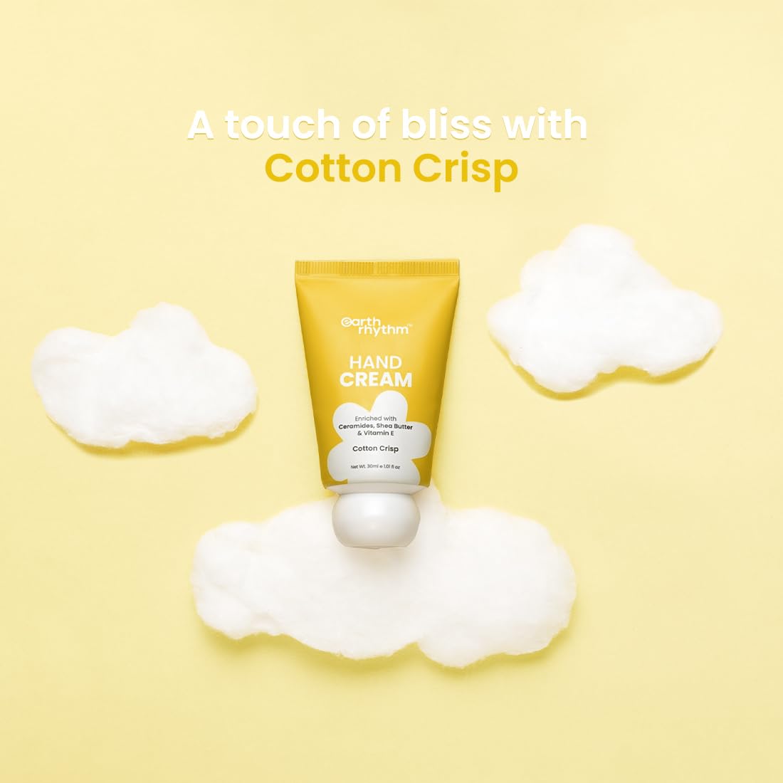 Earth Rhythm Hand Cream - Cotton Crisp for Dry & Rough Hands, Intense Moisturization Non Greasy, Fast Absorbing, Moisturizes, Enriched with Ceramides, Shea Butter, Cacao Seed Butter for Men & Women - 30ml