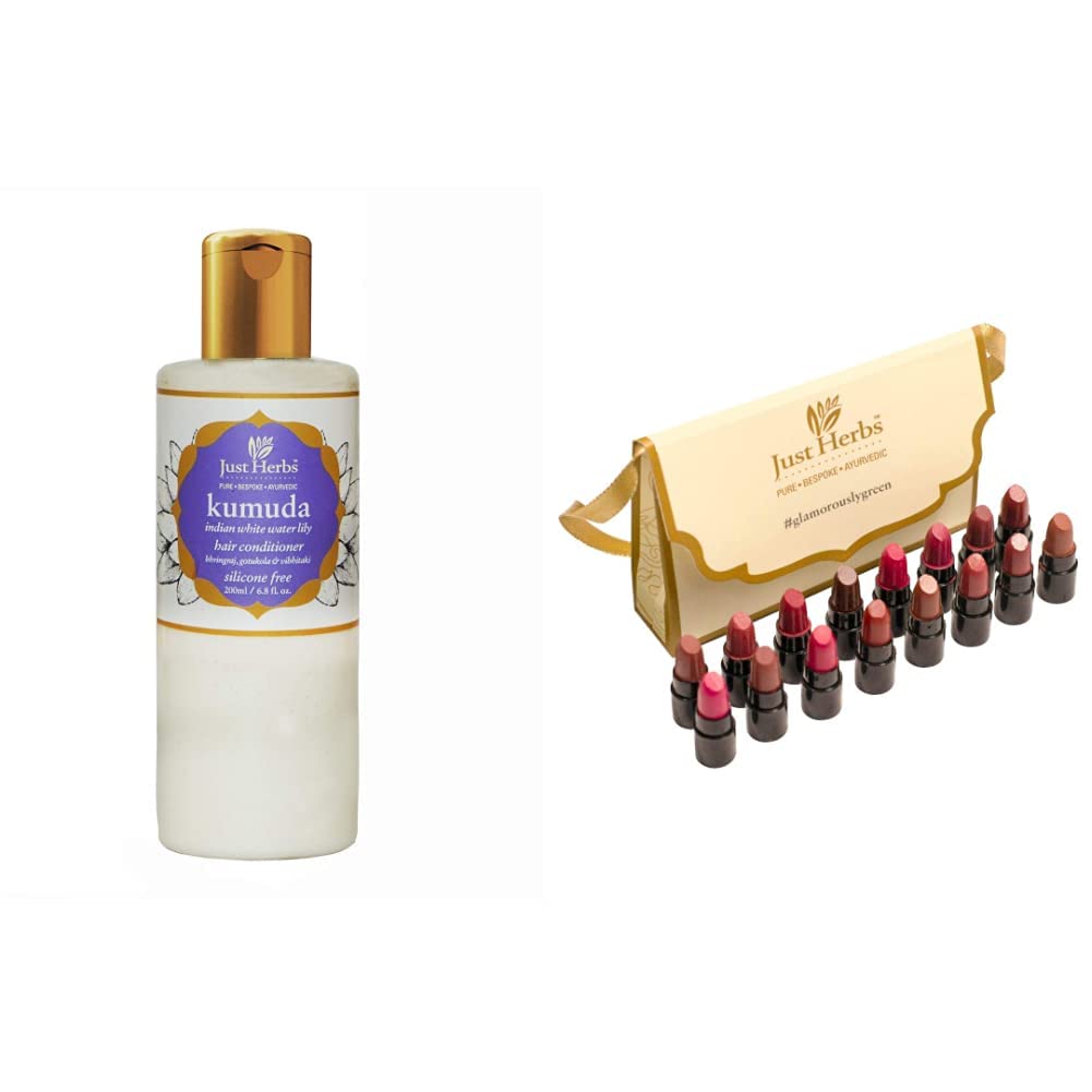 Just Herbs Ayurvedic Kumuda Indian White Waterlily Anti Hairfall Conditioner 200 Millilitres & Ayurvedic Creamy Matte Lipstick Set For Lip Hydrating & Moisturizing 38gm (Pack of 16)