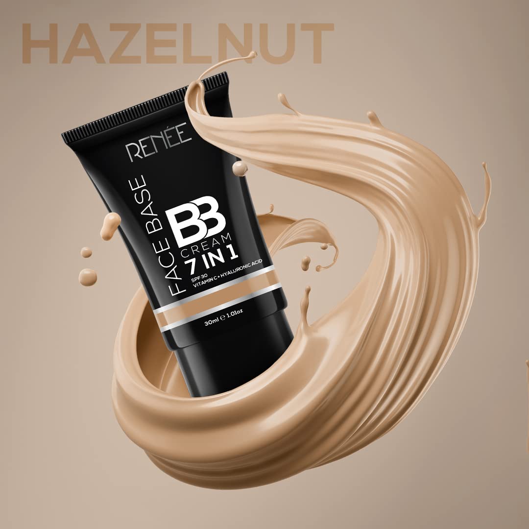 RENEE Face Base BB Cream 7 in 1 with SPF 30 PA+++, Enriched with Hyaluronic Acid, Vitamin C, Hydrates, Nourishes & Smoothens Skin Texture, Hazelnut 30ml