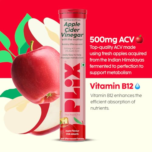 The Plant Fix Plix Apple Cider Vinegar Effervescent Tablet With Mother I With Vitamin B6 & B12|Pack Of 1 (Apple),15 Capsules|No Added Sugar |Easy To Carry & Consume,1 Count